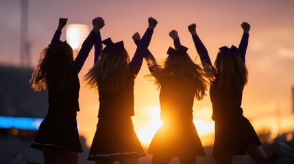 Cheerleaders celebrating a victory at sunset, silhouetted against a vibrant sky in a stadium
