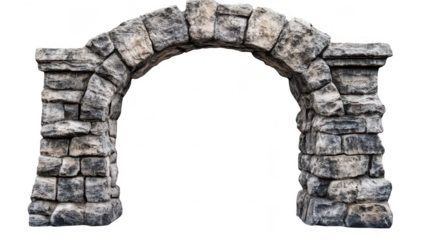A weathered stone archway stands prominently against a white background. its intricate textures and historical charm. ideal for architectural or nature-themed projects