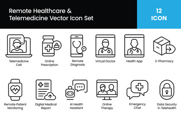 Telemedicine and Remote Healthcare Vector Icons | Digital Health & Online Medical App Outline Set