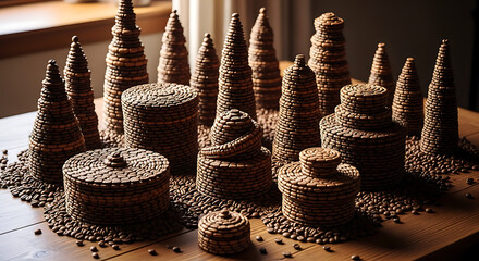 A collection of intricately woven, brown, decorative objects displayed on a wooden surface.