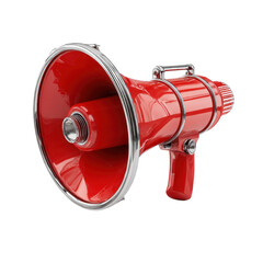 Bright Red Megaphone for Announcements, Events, Marketing, and Public Speaking in a 3D Style Against a White Background