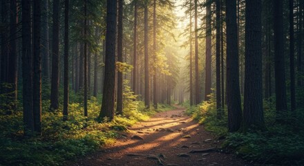 Naklejka premium Sunbeams pierce misty forest path