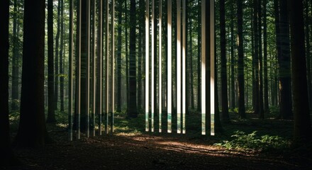 Fototapeta premium Sunlight filters through forest, vertical light beams
