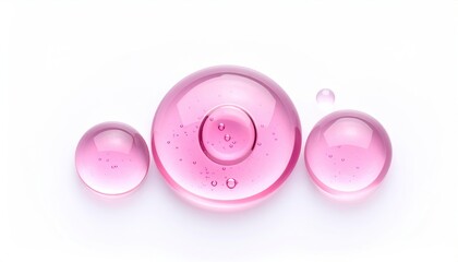 Three translucent pink gel droplets on a white background, showcasing a smooth, glossy surface with subtle inner texture