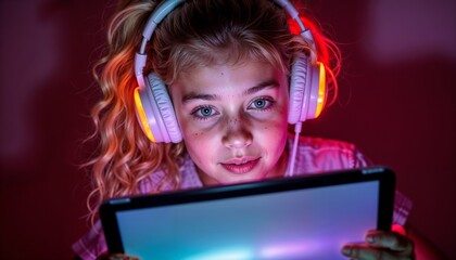 Young girl wearing headphones while using tablet in colorful light  