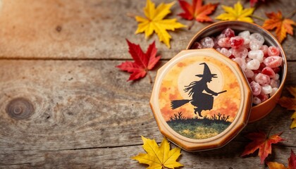 Witch silhouette on candy tin surrounded by autumn leaves