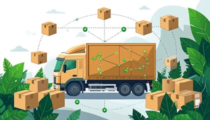 Eco-Friendly Delivery Truck and Package Network: Sustainable Logistics Illustration