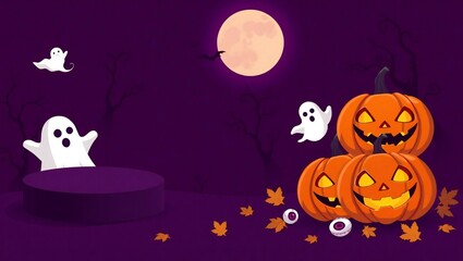 Fototapeta premium Spooky halloween night with jack-o-lanterns floating ghosts and a full moon scene