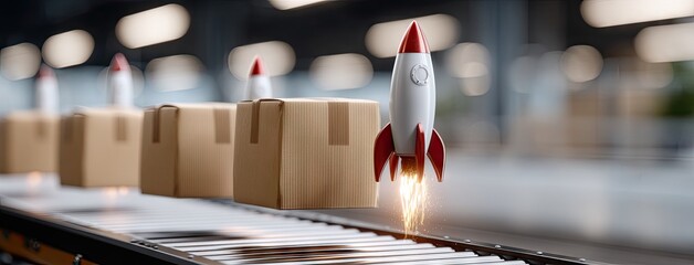 Creative delivery concept with rocket launching from a conveyor belt carrying packages in a modern warehouse setting