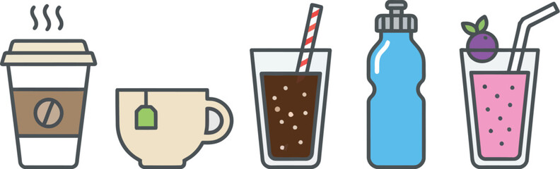 Assortment of Beverages Coffee, Tea, Juices, Water Bottles and Smoothies for Refreshment and Hydration