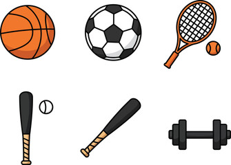 Sports Equipment Set Basketball, Soccer Ball, Tennis Racket, Baseball Bat, and Dumbbell