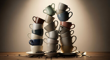 Stack of assorted colorful ceramic coffee cups and saucers on a wooden surface with scattered coffee beans.