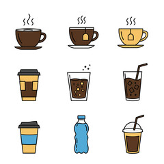 Outlined flat design beverage icons set. Hot and cold drinks including coffee, tea, water, and soda presented in various cups, mugs, and bottles