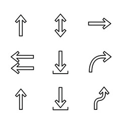 Essential black outline arrow icons for modern UI/UX design, web navigation, and digital interfaces, including upload, download, directional, and movement symbols
