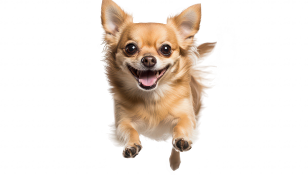 A joyful Chihuahua leaps energetically against a clean white background. its playful spirit and personality. ideal for pet-related content and marketing
