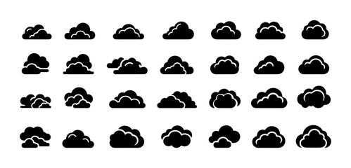 Cloud icon set. Collection of black silhouette weather symbols, sky design elements, forecast icons, storm, cloudy, rain, atmosphere pictogram, climate, and meteorology vector illustration isolated.