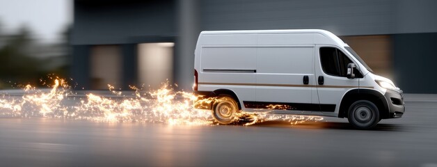 Delivery van speeding down a city street, leaving a trail of sparks in its wake during the evening rush hour