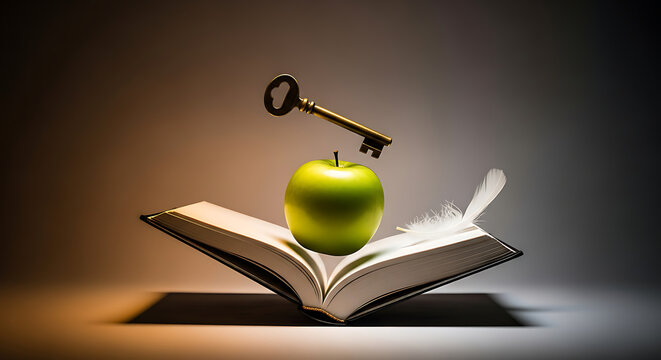 Open book with a green apple, feather, and key hovering above, symbolizing knowledge and learning.