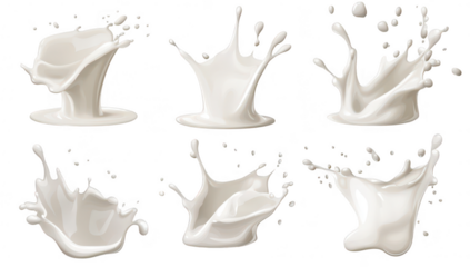 A collection of dynamic milk splash illustrations various shapes and sizes. set against a clean white background. ideal for culinary or beverage-related visuals