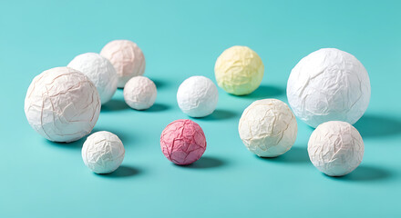 An assortment of textured paper spheres in pastel hues scattered across a light blue surface, creating a soft, whimsical composition.