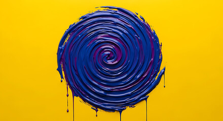 Abstract swirl of blue paint on a vibrant yellow background, with drips of paint running down.