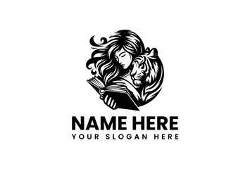 Woman Reading Book with Tiger Logo Design.