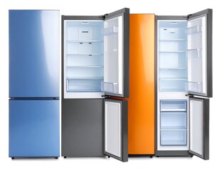 Three modern refrigerators in various colors