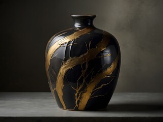 Contemporary ceramic cylinder, black matte with crisp copper fissures, studio perfection.