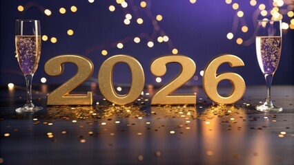 Golden 2026 with champagne glasses and bokeh lights for new year