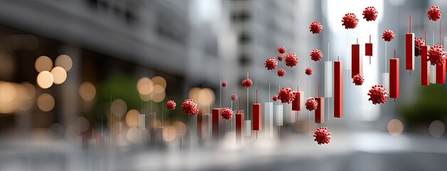 Visualization of economic trends impacted by the pandemic in a cityscape with abstract market indicators and virus symbols