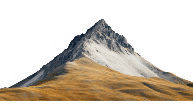 A majestic mountain peak rises sharply against a clear sky. surrounded by rolling golden hills. the beauty of natures landscape. ideal for travel and adventure themes