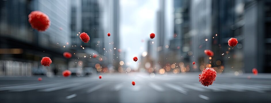 Conceptual visualization of airborne particles in a bustling city street during daytime, highlighting environmental impact and air quality concerns