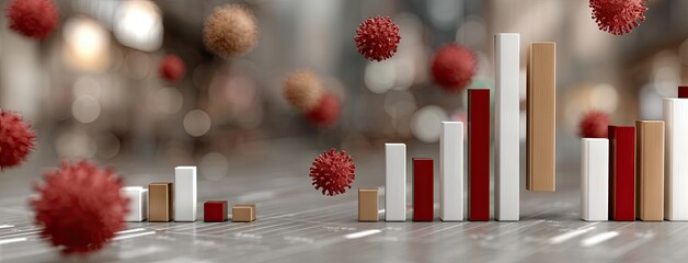 Visual representation of data analysis showing rising trends against a backdrop of floating virus models in a modern office