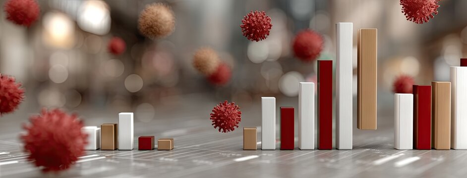 Visual representation of data analysis showing rising trends against a backdrop of floating virus models in a modern office
