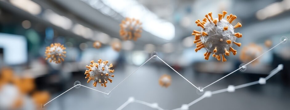 Virus model floating above a rising graph in a modern laboratory setting during a research session focused on pandemic trends and health data