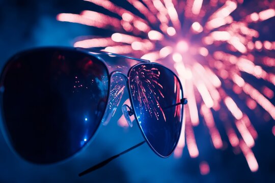 Reflective sunglasses and vibrant fireworks at night celebration