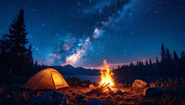Night camping under a starry sky