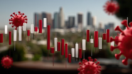 Stock market analysis during the pandemic with red and white candlestick charts and virus icons set against a city skyline