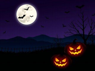 Spooky halloween night with glowing jack-o-lanterns and bats flying under a full moon