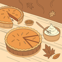 Vintage Pumpkin Pie Vector: Elegant Fall Dessert Illustration with Caramel Details
