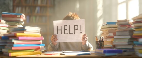 The Student Surrounded by Towering Books Holds a Help Sign at Study Desk