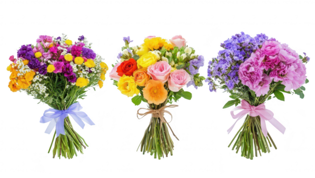 A display of three beautifully arranged flower bouquets featuring a mix of colorful blooms. perfect for celebrations. weddings. or as a cheerful gift. set against a bright white background