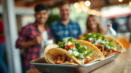 appetizing tacos with friends in blurred background, epitomizing social gatherings and culinary delights. High quality
