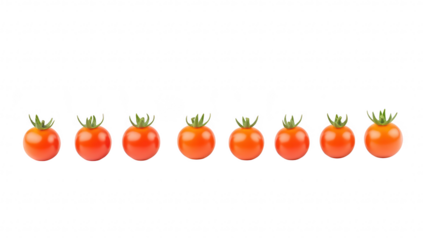 A row of fresh. red tomatoes with green stems neatly arranged on a clean white background. ideal for culinary presentations or food-related content