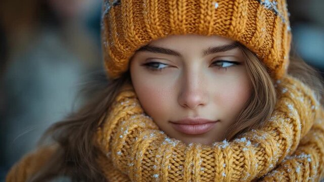 A woman wearing a bright yellow hat and matching scarf, looking stylish and cheerful