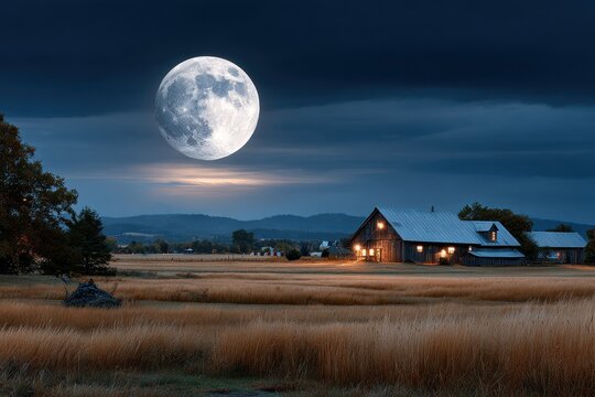 Moonlit Farm at Night with Golden Field and Trees - Powered by Adobe