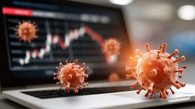 Virus cells appear over laptop showing declining graph, indicating potential impacts on health and economy during pandemic - Powered by Adobe