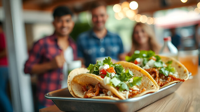 appetizing tacos with friends in blurred background, epitomizing social gatherings and culinary delights. High quality