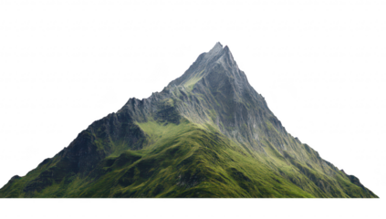 A majestic mountain peak rises sharply against a bright sky. surrounded by lush green hills. capturing the essence of natures beauty and tranquility. ideal for travel and landscape themes