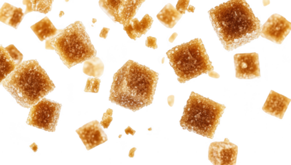 A dynamic composition of brown sugar cubes and granules floating against a clean white background. the texture and crystalline structure. ideal for culinary and food-related projects